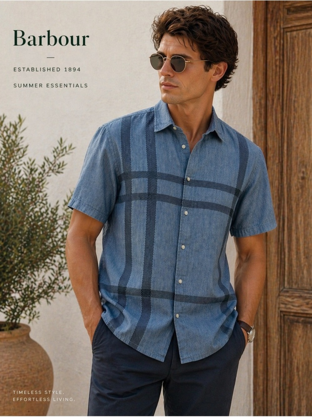 Barbour Blue Chambray Plaid Button-Down Shirt Short-Sleeve Medium Regular Fit